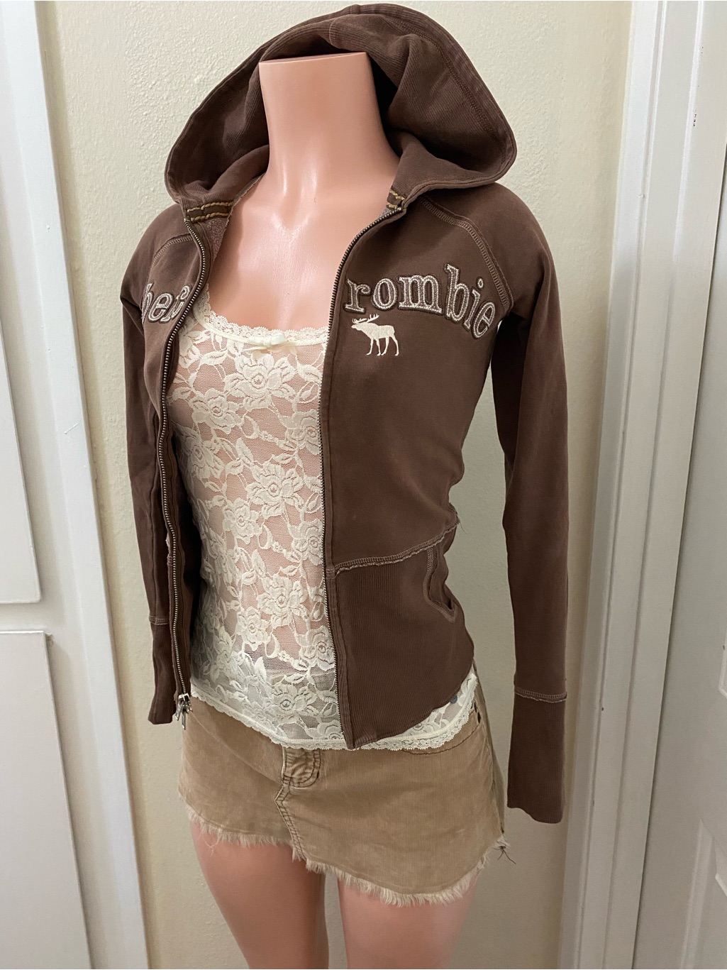 Y2k Vintage Abercrombie Brown Double Zip Up Hooded Sweater